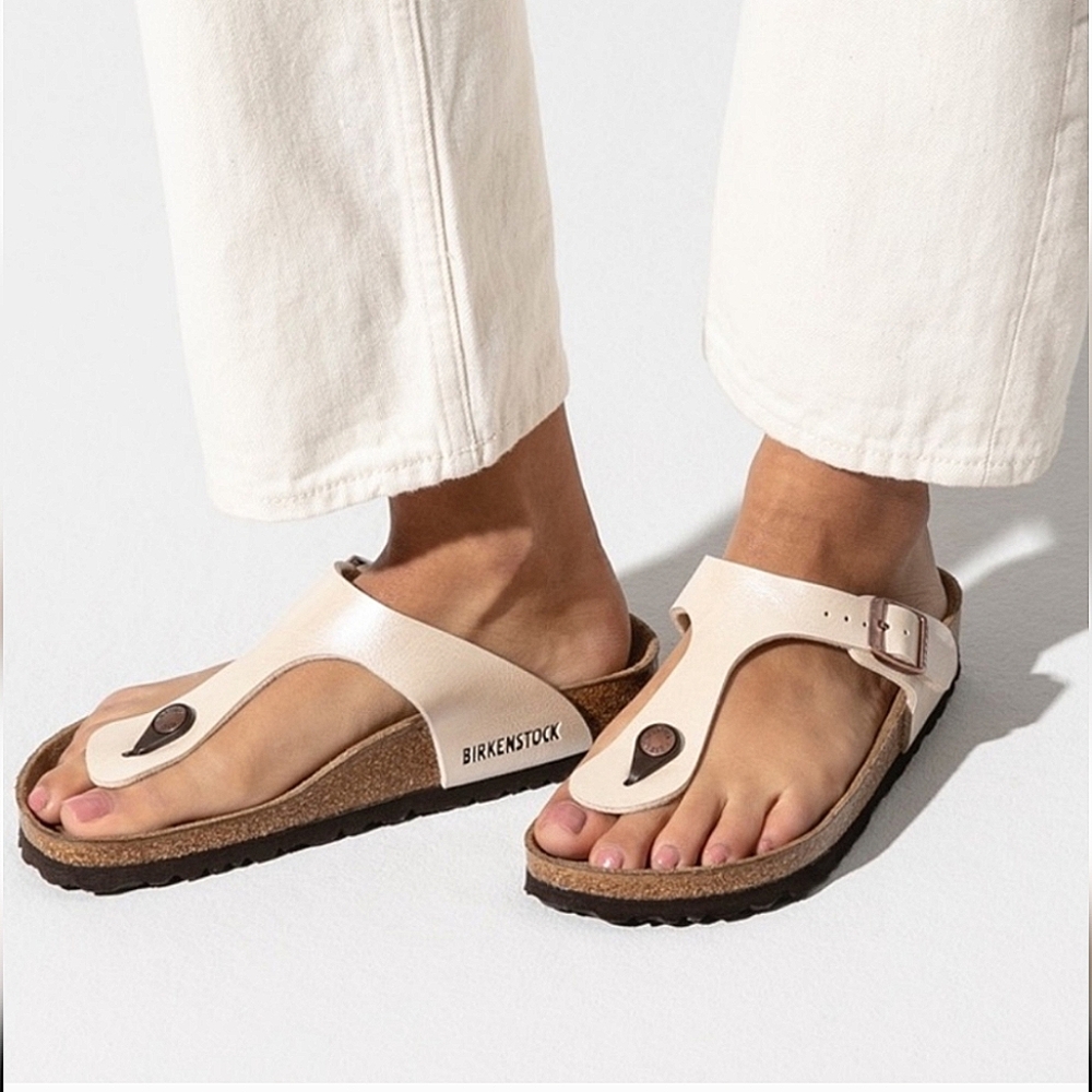 3/$20 Birkenstock Gizeh Pearl White Gold Thong Leather Sandals US Size 7 EU 38
